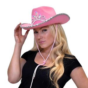 New Pink Felt Cowgirl Hat with Blink Tiara and Heart Glasses
